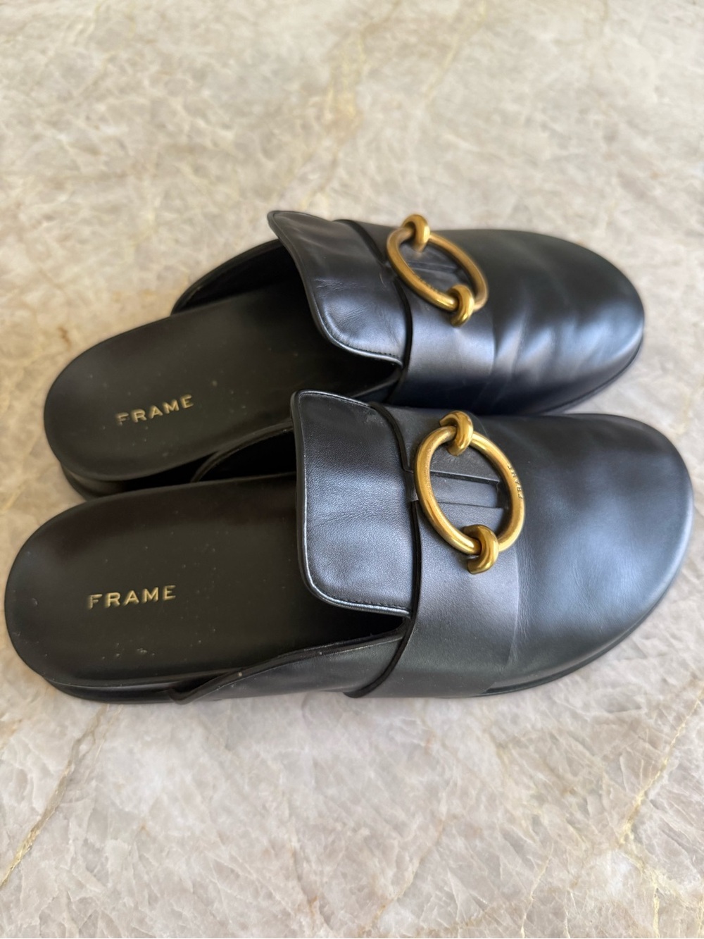 Frame Denim Black Leather Slide Mules with Gold Ring